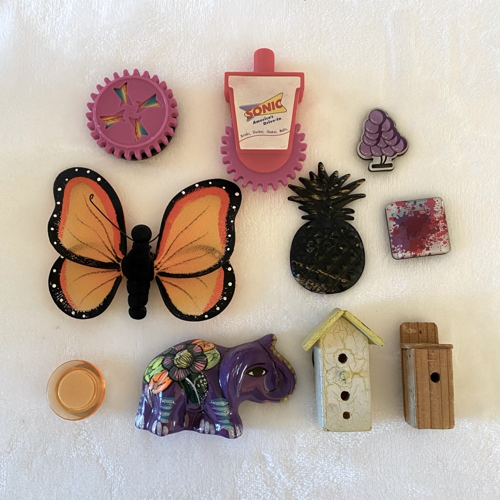 Assorted Kitchen Magnets Including Butterfly and Bird Houses